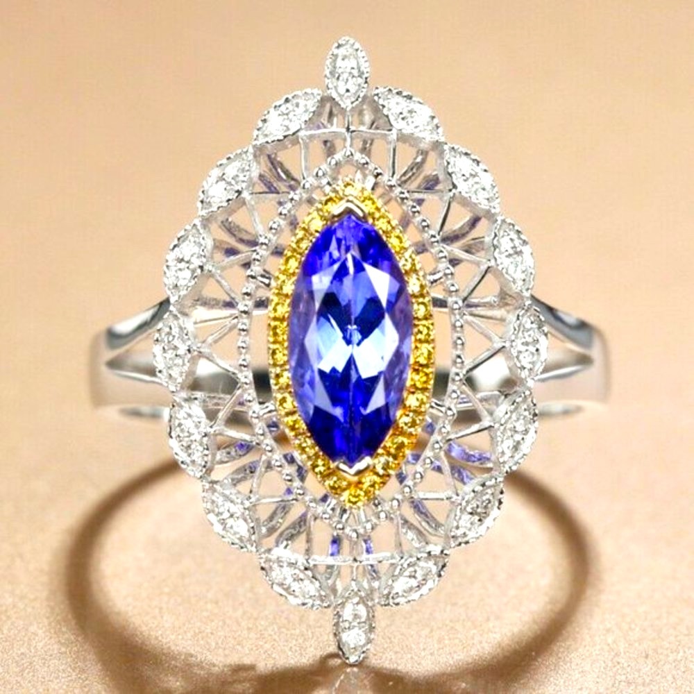 New 14k Gold 925 Silver Blue White Sapphire Ring
